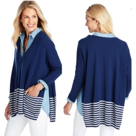 Vineyard Vines Sweaters - Vineyard Vines Oversized Striped V-Neck Poncho Sweater in Navy & Gray Size XS